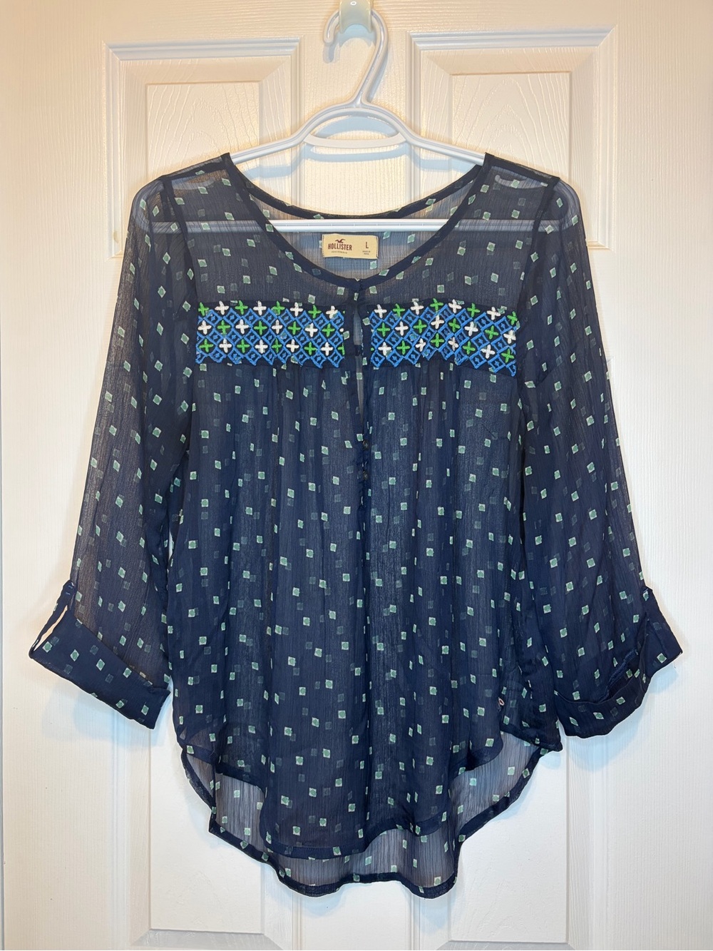 Hollister Navy Sheer Embroidered Boho Blouse Top Size Large 3/4 Sleeves
